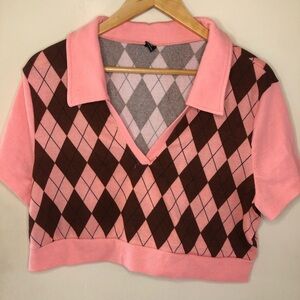 Pink and Brown Argyle Cropped Top Light Weight Knit by Shein